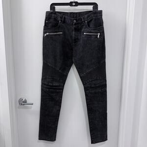 NWT $1350 Value Balmain Biker Jeans Washed Black Moto Denim